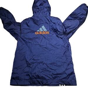 Vintage Adidas Hooded Windbreaker Jacket Women's Large Blue White Stripped 90's